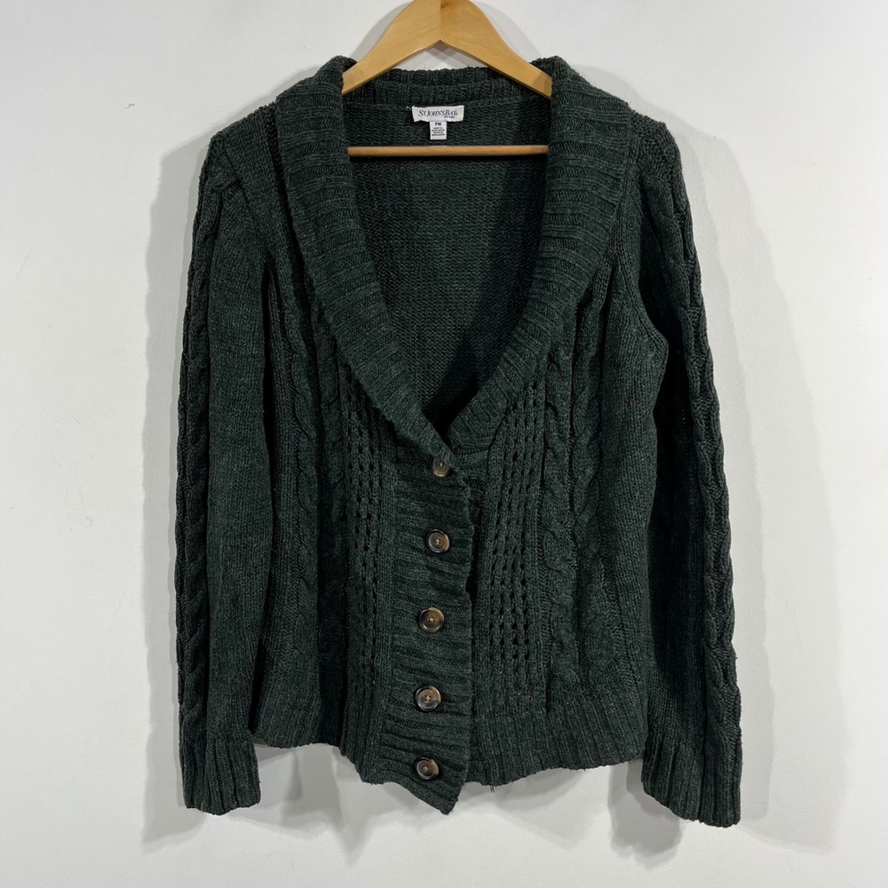 St Johns Bay Fisherman Granola Green Cable Knit Shawl Collar Cardigan Sweater PM
